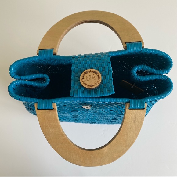 NWT Maria Victoria Elva Turquoise Blue Woven PVC Handbag Tote Mexico - Picture 9 of 15